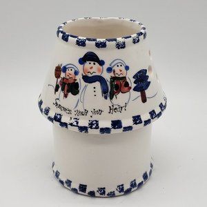 Snowmen Melt Your Heart Vntg Ceramic Blue White Snowmen Tealight Candle Holder
